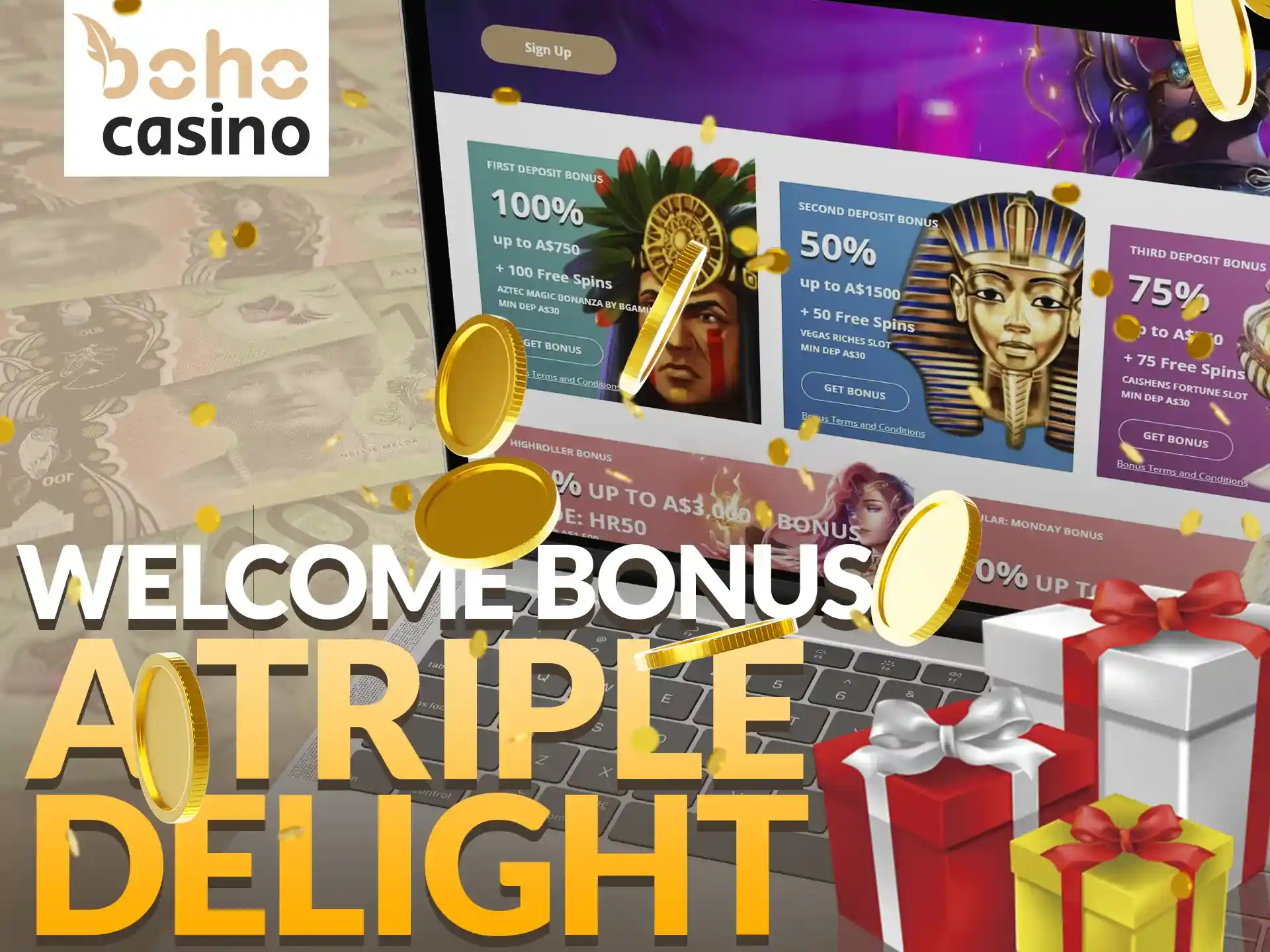 Boho Casino welcomes new players and gives a triple delight bonus.