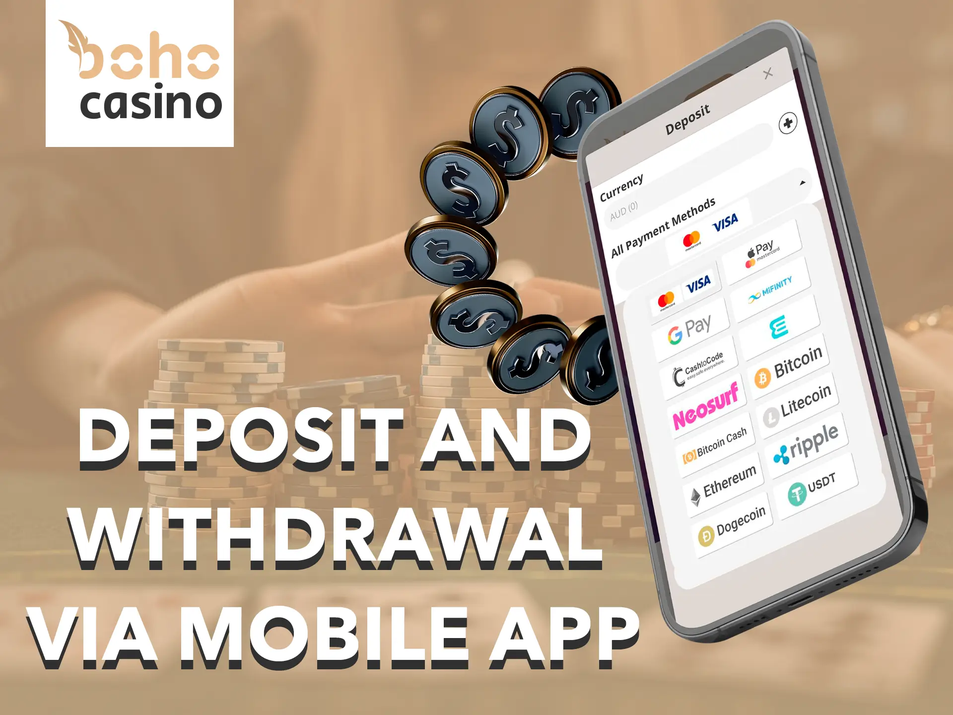 Use a convenient method for you to deposit and withdraw your winnings at Boho Casino.