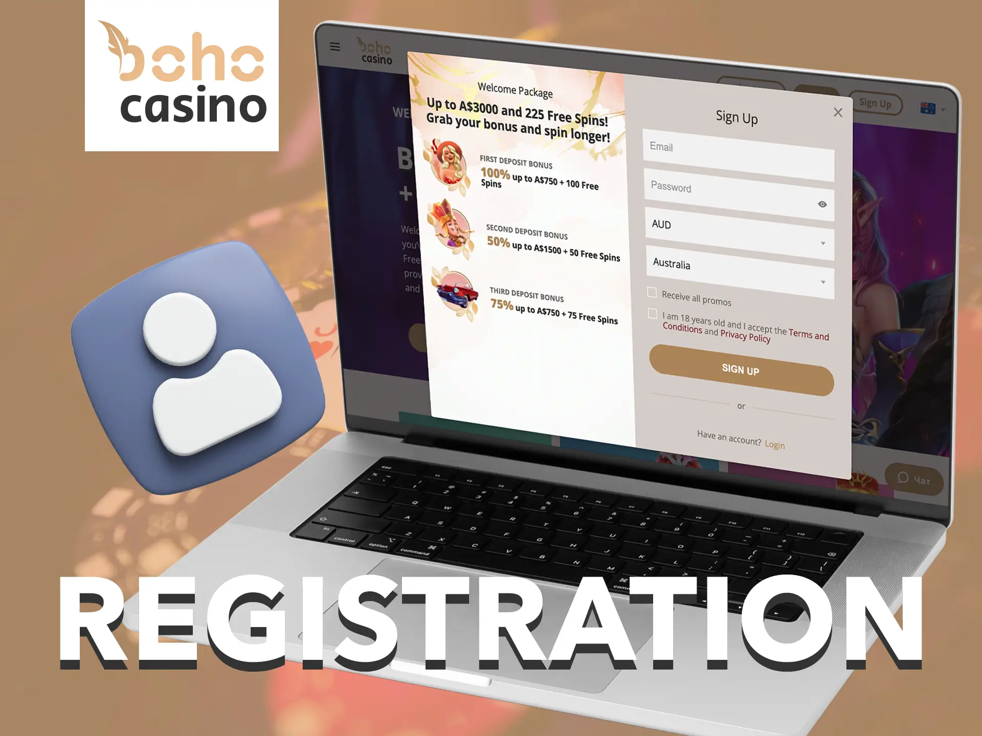 Complete a simple registration at Boho Casino to gain full access to the site's features.